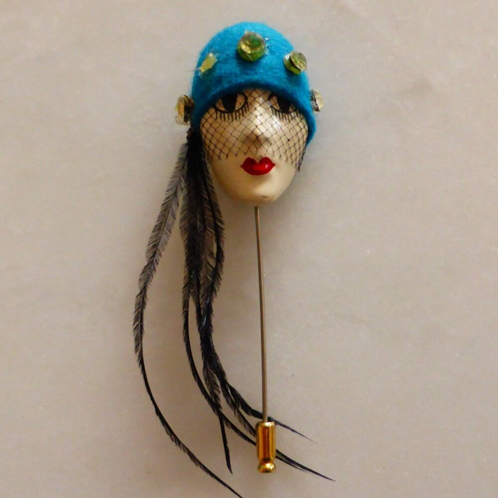 Beautiful Vintage French Flapper Stick Pin Brooch 1970s Collectible, Handpainted